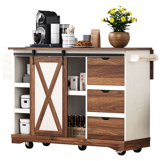K&K 55.5 Farmhouse Kitchen Island With Drop Leaf, Kitchen Storage Island With Barn Door, Power Outlet, Rolling Kitchen Cart On Wheels With Spice Rack, For Home, Kitchen, Dining Room, White