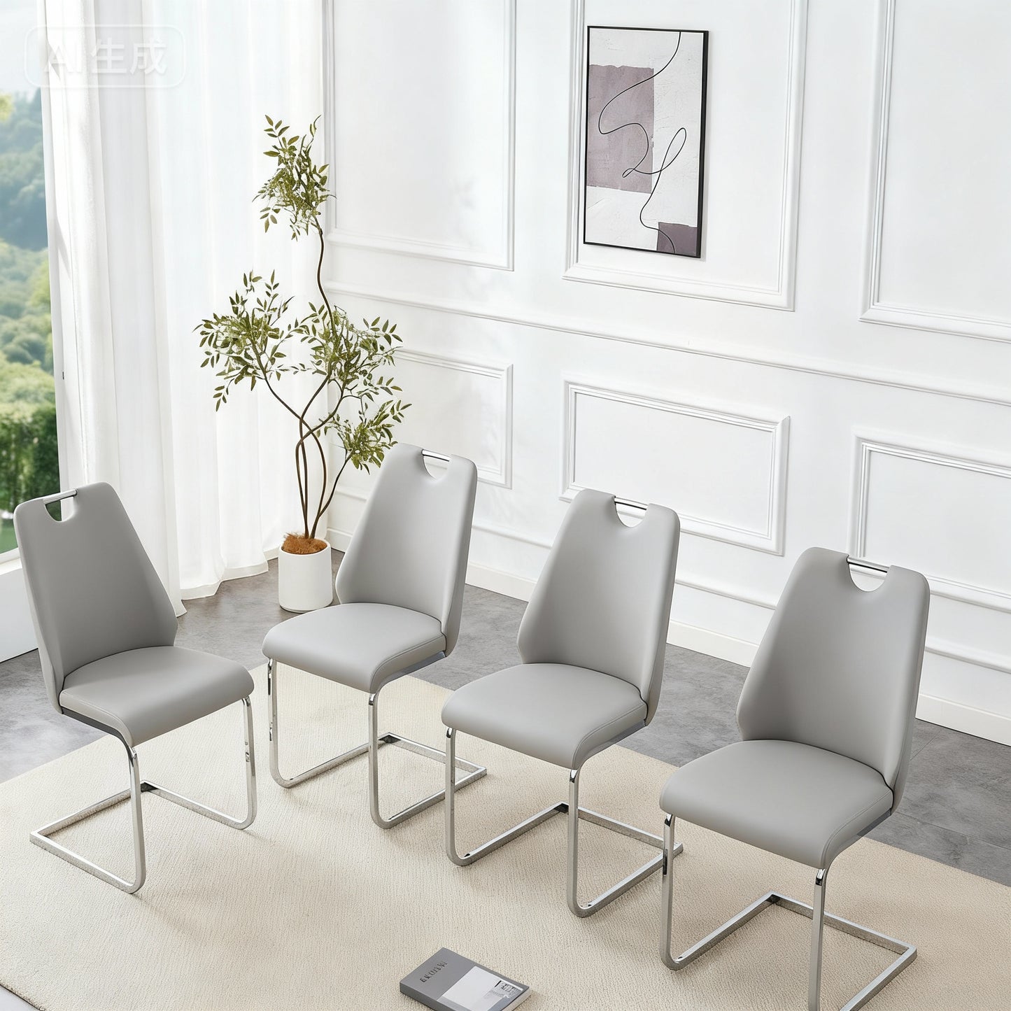 Dining Chairs Set Of 4, Light Gray Faux Leather Kitchen Chairs With Gold Mesh Texture, Silver Back Ring And Chrome Pull Handle, High Back Upholstered Dining Room Chair Light Gray, Set Of 4