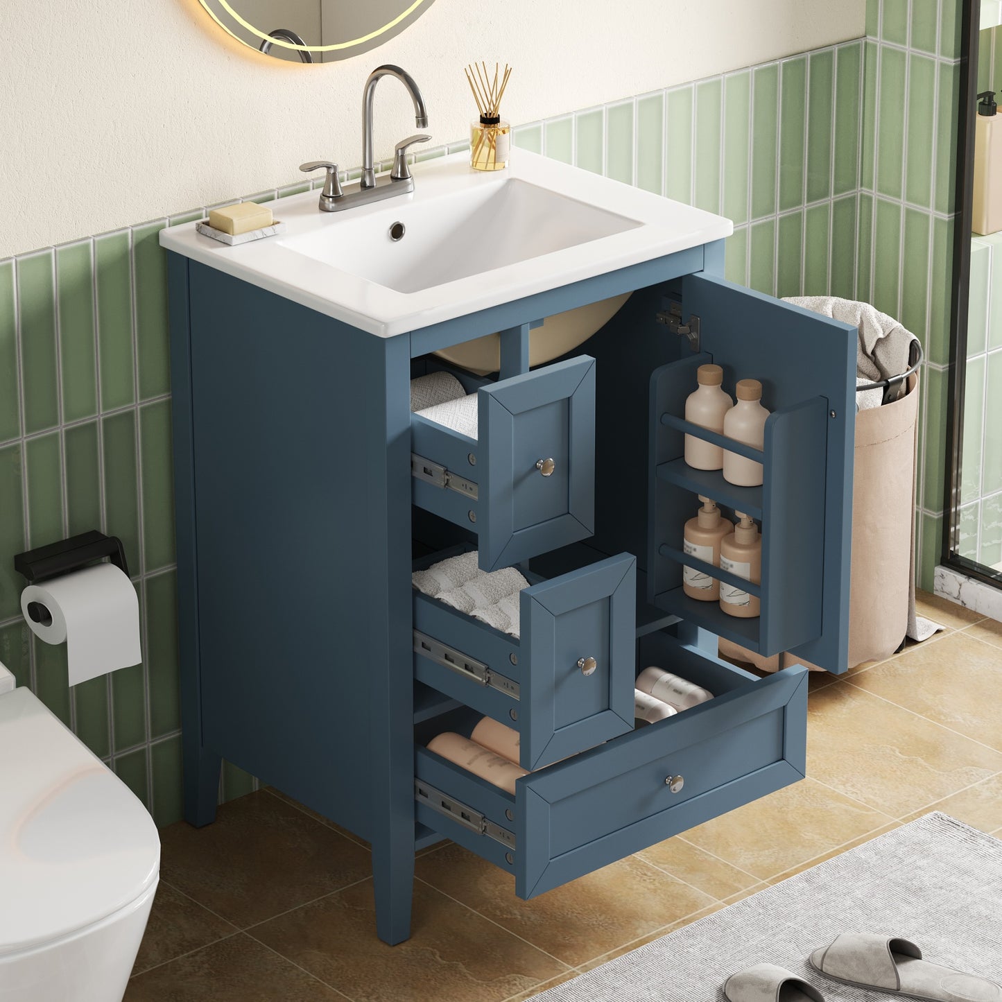 24 Modern Blue Gray Bathroom Vanity With Ceramic Sink, Solid Wood Legs, Soft-Close Drawers & Door, Storage Rack, Painted Surface Finish