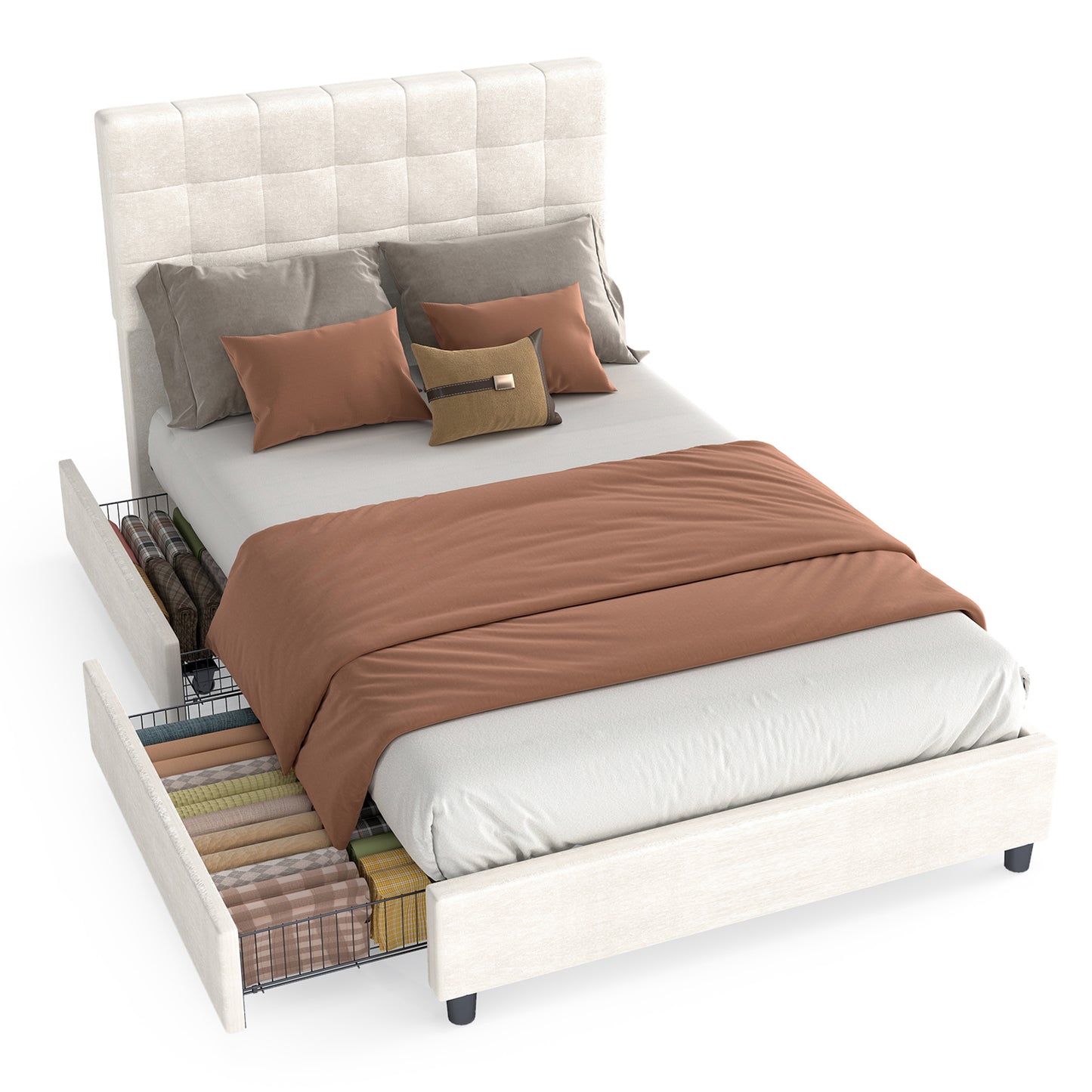 Bed Frame Upholstered Vertical Channel Headboard With 4 Storage Drawers Wood Slat Elegant Modern Bed Frame No Box Spring Needed Easy Assembly For Bedroom