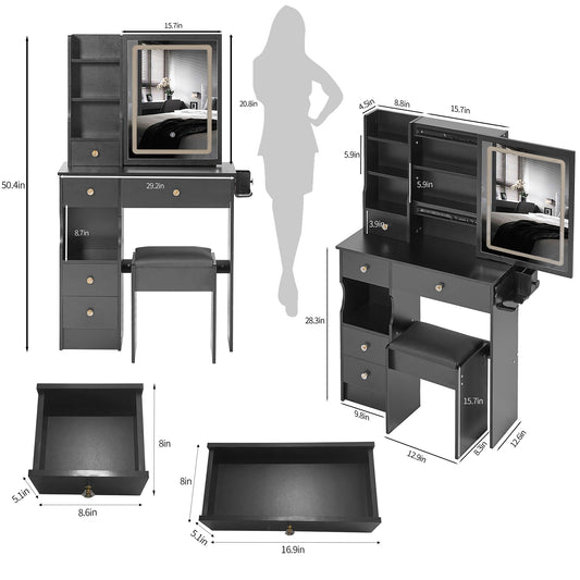 29.2 Small Size Drawer Desktop Vanity Table Cushioned Stool, 2 AC-2 USB Power Station, Hair Dryer Bracket, Extra Large Touch Control Sliding LED Mirror, 3-color Switching, EPA, GCC, UL Certificate