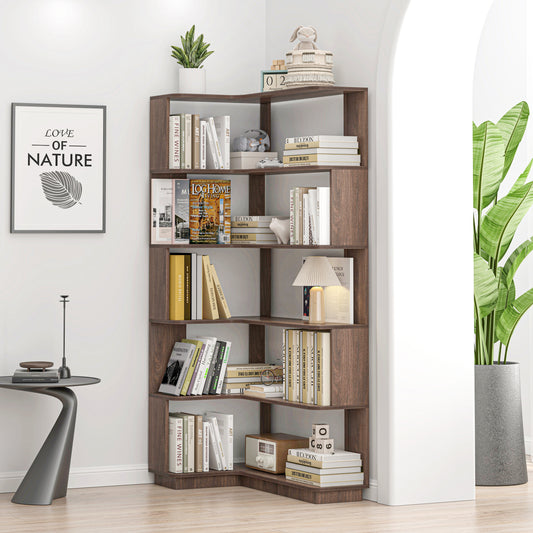90cm 35.43 Extended Size 5-Tier Freestanding L-Shaped Corner Bookshelf For Living Room,Bedroom,home Office Wooden Bookcase With Anti-drop Panel And Anti Tipping Device,Display Shelf Open Storage