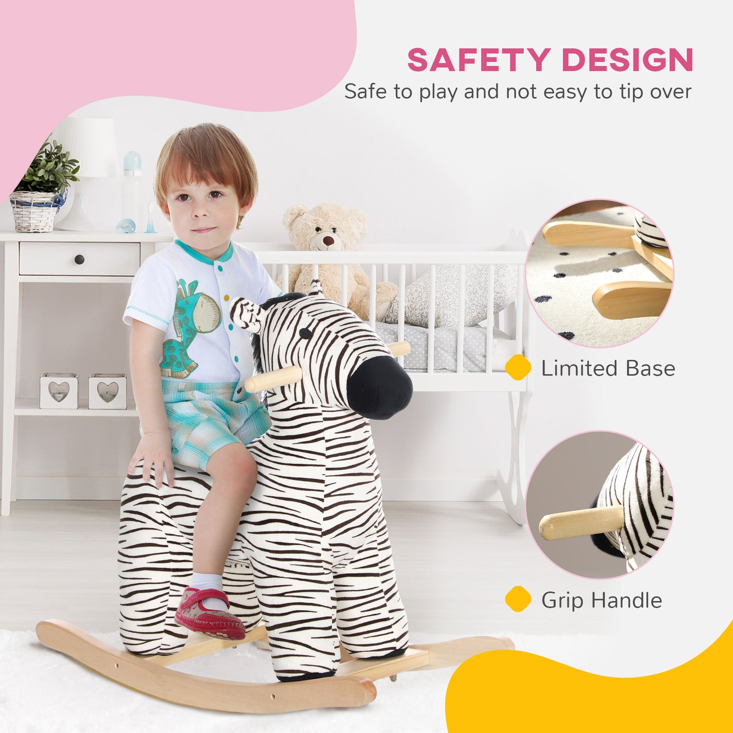 Zebra Shaped Kids Rocking Horse With Realistic Sound For 2-4 Years, Black