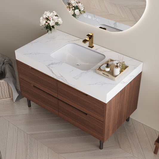 35.4 Farmhouse Free-standing Sintered Stone Bathroom Vanity With Undermount Sink, Waterproof Multi-layer Solid Wood, 4 Drawers Storage, Wall-Mounted