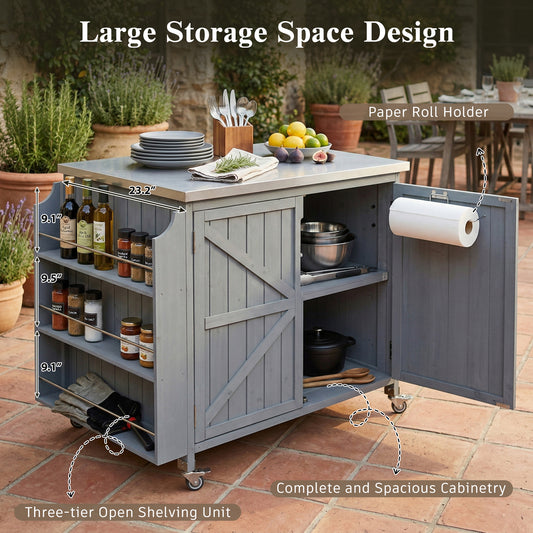 K&K 42.1 Outdoor Kitchen Island With Side Shelf, Outdoor Grill Cart With Storage Cabinet, Outdoor Kitchen Cabinet With Stainless Steel Top, Adjustable Shelf And 4 Wheels For Pizza Prep, Grey Blue