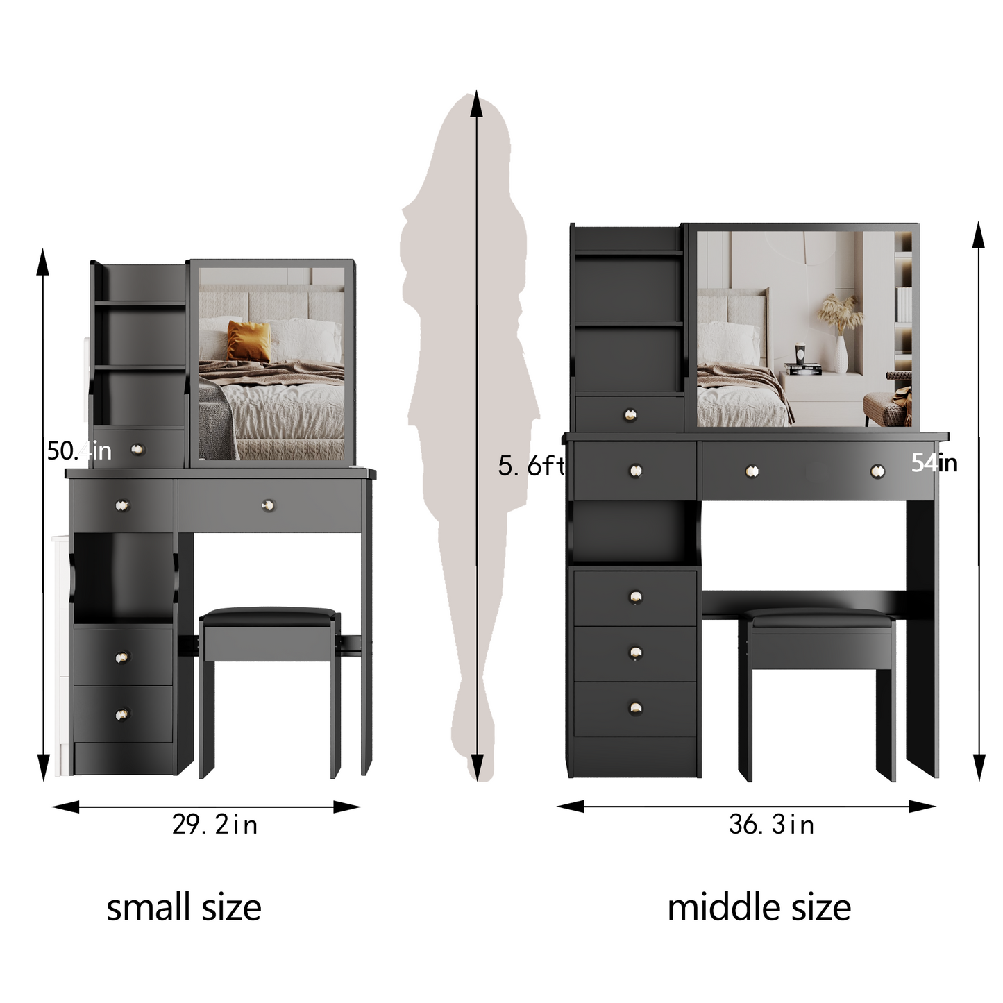 29.2 Small Space Left Drawer Desktop Vanity Table Cushioned Stool, Extra Large Right Sliding Mirror, Multi Layer High Capacity Storage, Practical Fashionable Dresser, EPA, GCC, UL Certificate