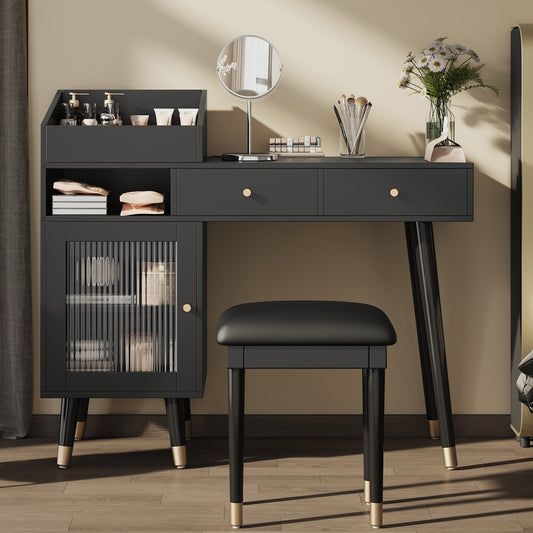 Modern Makeup Vanity Desk With Drawers, Cabinet & Charging Port, Space-saving Dressing Table Set With Stool For Small Places, Black