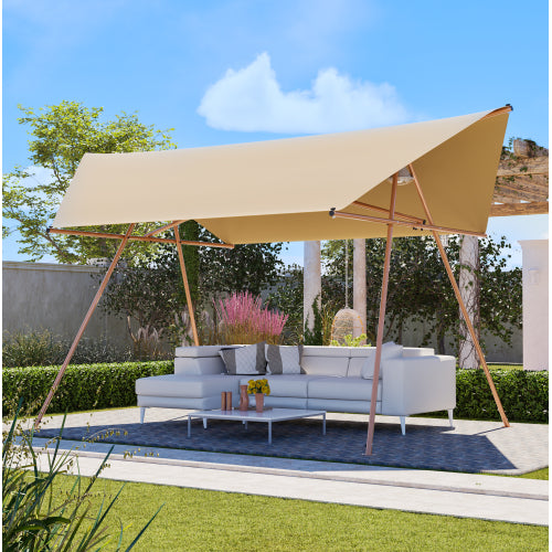 Hexagonal Shade Sail Canopy, Large 206in X118in UV Block Sun Shade With UPF 50-, Waterproof High-Density Polyester Fabric, Brown Rust-Resistant Poles & Built-in Hooks For Patio -Light Khaki