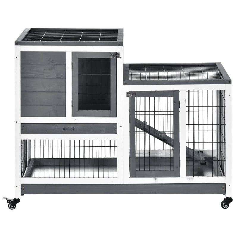 Wooden Rabbit Hutch Elevated Bunny Cage Indoor Small Animal Habitat With Enclosed Run With Wheels, Ramp, Removable Tray For Rabbits, Chickens, Ducks, Guinea Pigs, Gray
