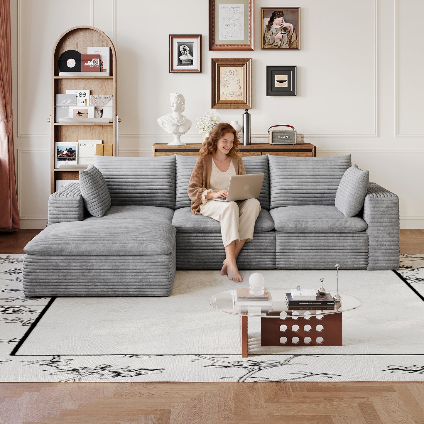 102 Cloud Sofa,Corduroy Fabric,Deep Seat Couches,Double-layer Design,Removable Cushion,No Assembly, DIY Combination For Living Room, Bedroom,Conference Room ,Apartment,Grey