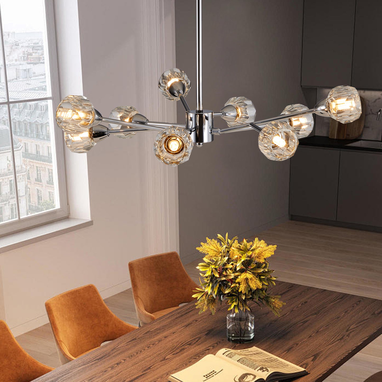 28 Modern Crystal Chandeliers, 9 Lights Chrome Chandelier For Living Room Bedroom, Dining Room Chandelier Over Table, Kitchen Light Fixtures Bulbs Not Included