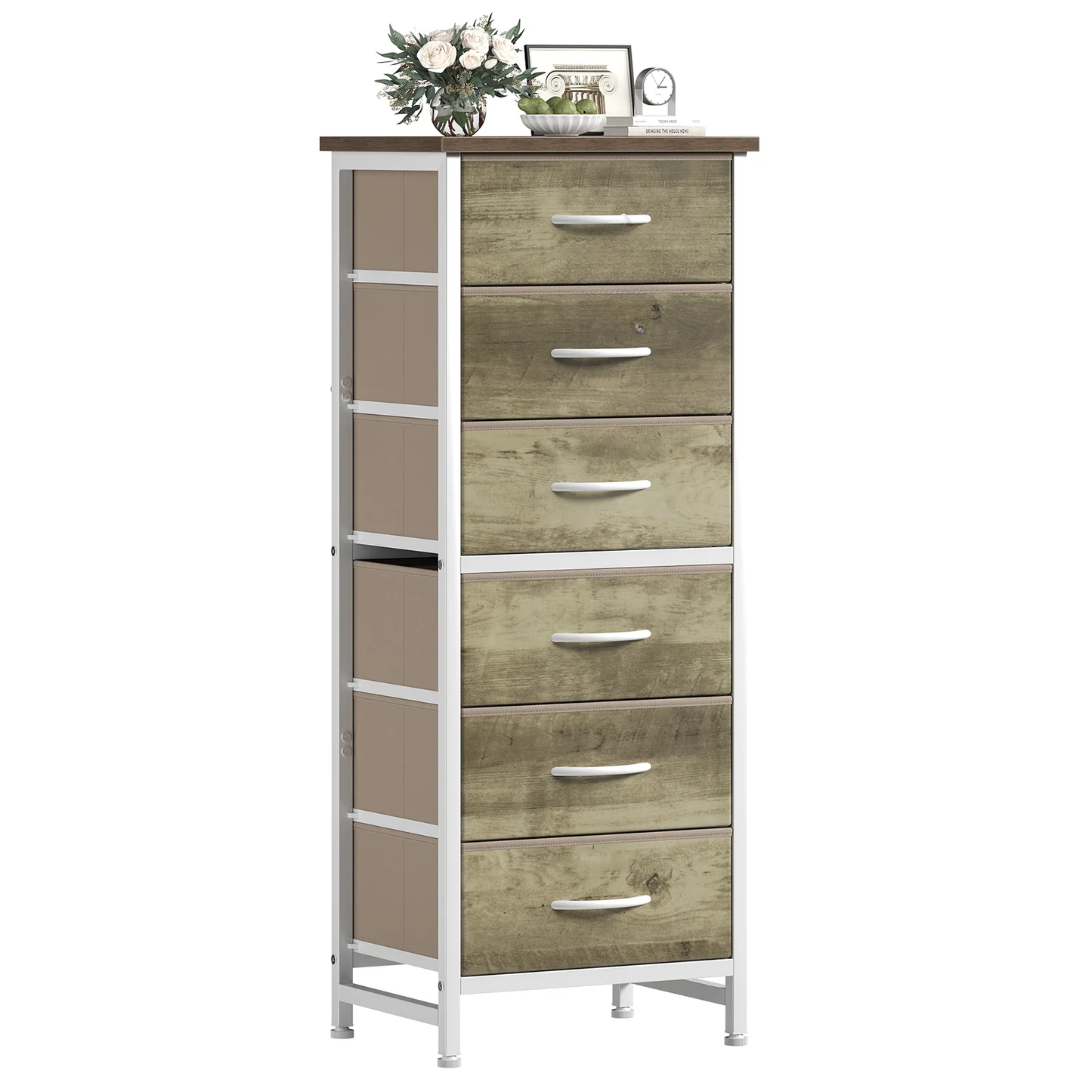 High Cabinet-style Storage Cabinet, Equipped With 6 Fabric Drawers, Metal Frame With Cross-bracing Rods, Anti-toppling Design, And Wooden Tabletop