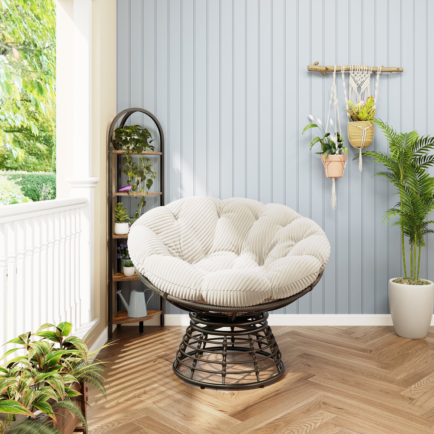 Comfortable Ergonomic Wicker Papasan Chair, 360 Swivel Indoor Outdoor Rattan Chair With Soft Thick Cushion Ideal For Living Room, Bedroom, Reading Room, Brown Frame With White Cushion