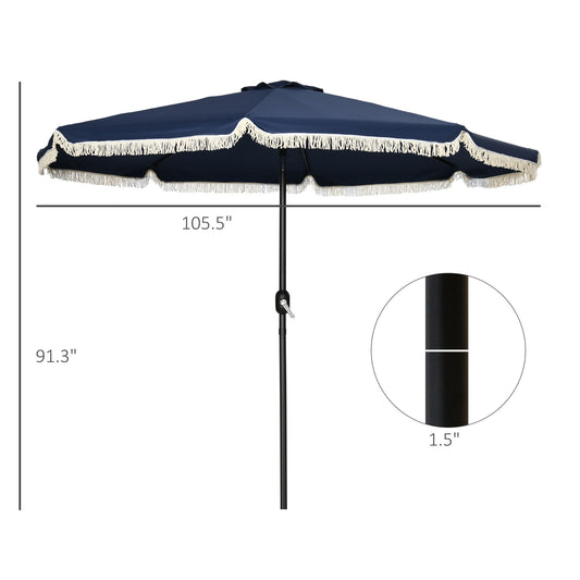 9ft Patio Umbrella Outdoor Table Umbrella W/ Tilt, Crank, Ruffled, 8 Ribs For Garden, Deck, Pool, Dark Blue