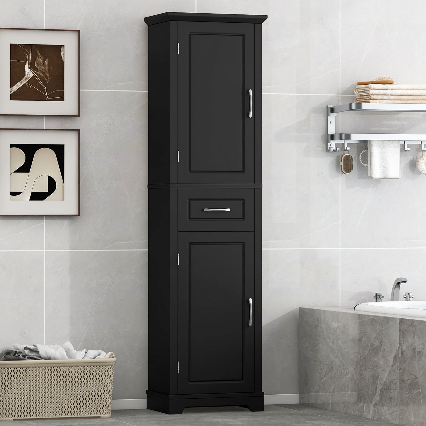 Tall Bathroom Storage Cabinet, Freestanding Storage Cabinet With Two Doors And Adjustable Shelves, Door Shelve Design, MDF Board With Painted Finish, Black