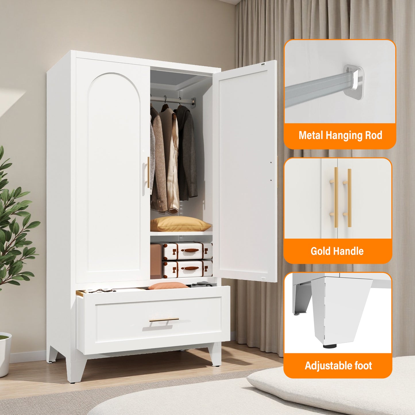 60 Tall Metal Wardrobe Cabinet With 1 Drawer And Hanging Rod, 2 Doors Wardrobe Closet With Shelf For Bedroom, Office, Laundry Room,Entryway ,Foyer,Guesthouse White