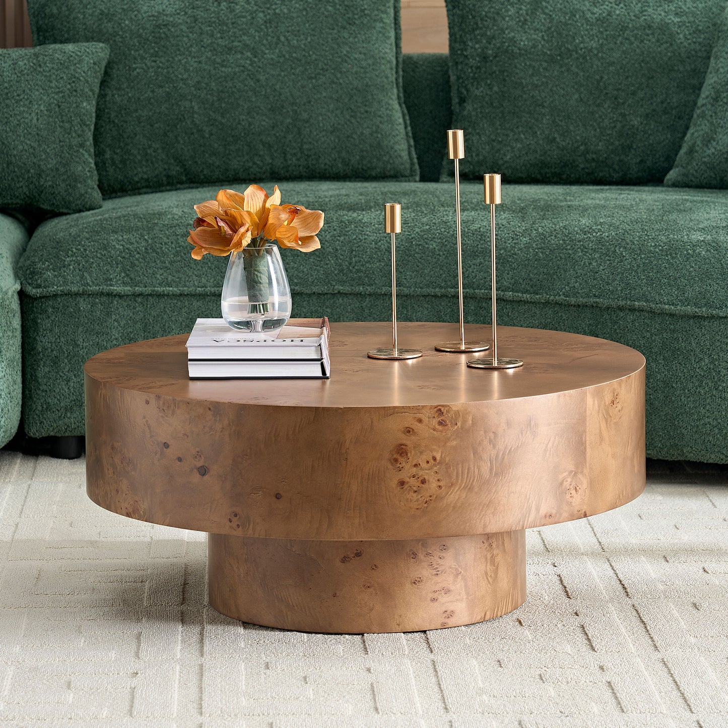 31.49 Burl Wood Veneer Coffee Table And Sturdy Pedestal For Living Room Office Apartment Walnut