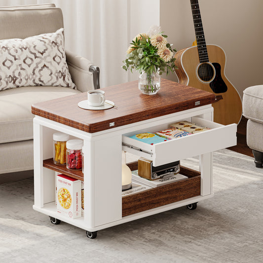 27.6 Modern Multi-Function Coffee Table Side Table With Foldable Top & Casters, Multi-tier Storage, White & Walnut