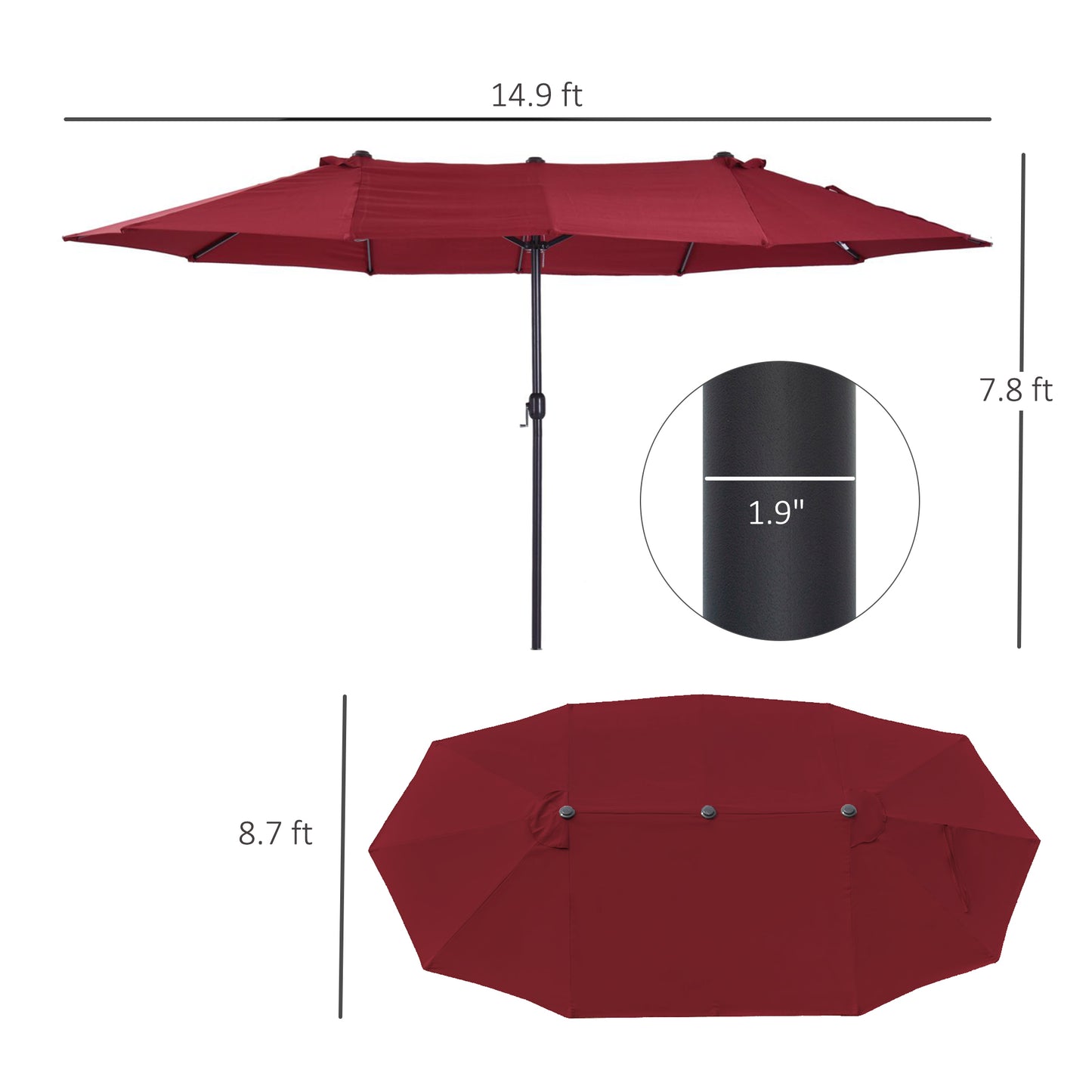 Extra Large 15 Ft Patio Umbrella, Double-Sided Large Outdoor Umbrella With Crank Handle And Air Vents For Backyard, Deck, Pool, Market, Wine Red