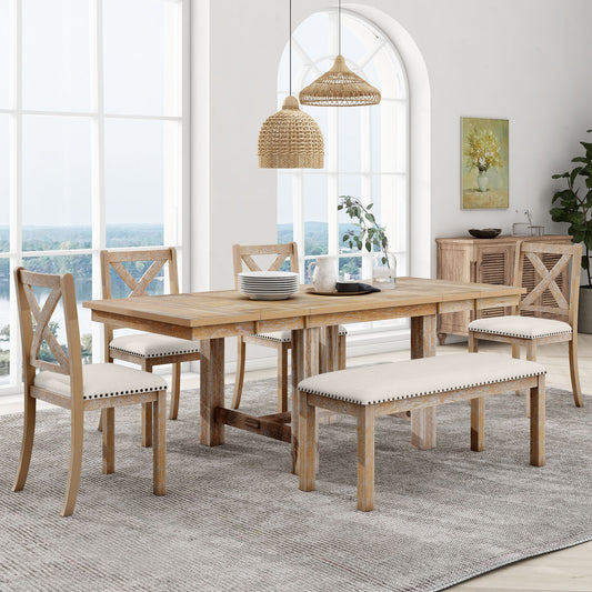 TOPMAx Farmhouse 82inch 6- Piece Extendable Dining Table With Footrest 4 Upholstered Dining Chairs And Dining Bench Two 11 Removable Leaf Natural Beige Cushion