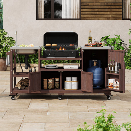 K&K 75.4 Outdoor Kitchen Island With Sink, Solid Wood Outdoor Grill Cart For XL Green Egg Grills, Rolling Outdoor Bar Cart With Stainless Steel Top, For Pizza Prep & BBQ, Brown