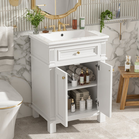 24 Vintage Elegance Bathroom Cabinet With Soft Closing Doors And Adjustable Shelf, Bathroom Vanity With Ceramic Sink