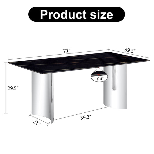 Modern Minimalist Dining Table. The Black Imitation Marble Glass Desktop Is Equipped With Silver Metal Legs. Suitable For Restaurants And Living Rooms 71 X39.3 X29.5 DT-69