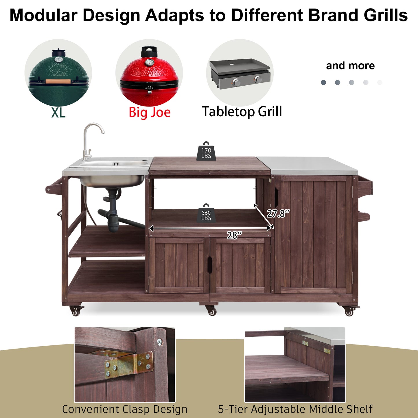 K&K 75.4 Outdoor Kitchen Island With Sink, Solid Wood Outdoor Grill Cart For XL Green Egg Grills, Rolling Outdoor Bar Cart With Stainless Steel Top, For Pizza Prep & BBQ, Brown