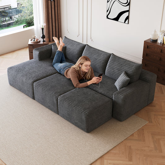 95 Cloud Sectional Sofa With 2 Ottoman,Modern Minimalist Upholstered Couches, Comfort U Shaped Sofa For Living Room,Deep Seat Corner Couch,No Assembly Required,Dark Grey Plush Corduroy Fabric