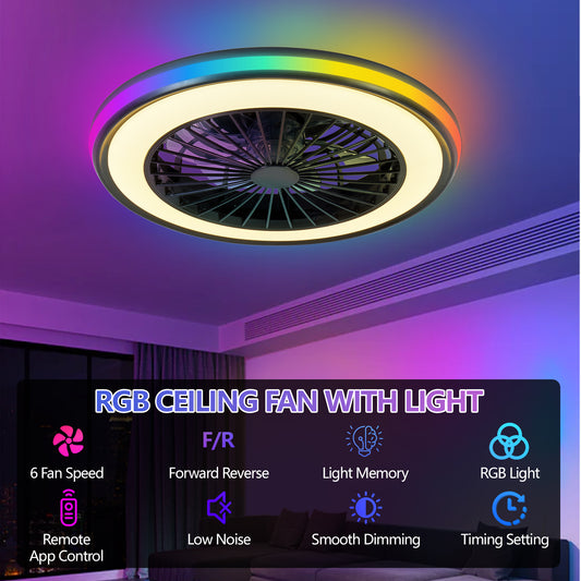 Modern LED Ceiling Light With Fan, RGB Ceiling Fan Lights, Infinitely Dimmable Light For Living Room, Bedroom, Office, 3000-4500-6000 K Black & 20 & RGB