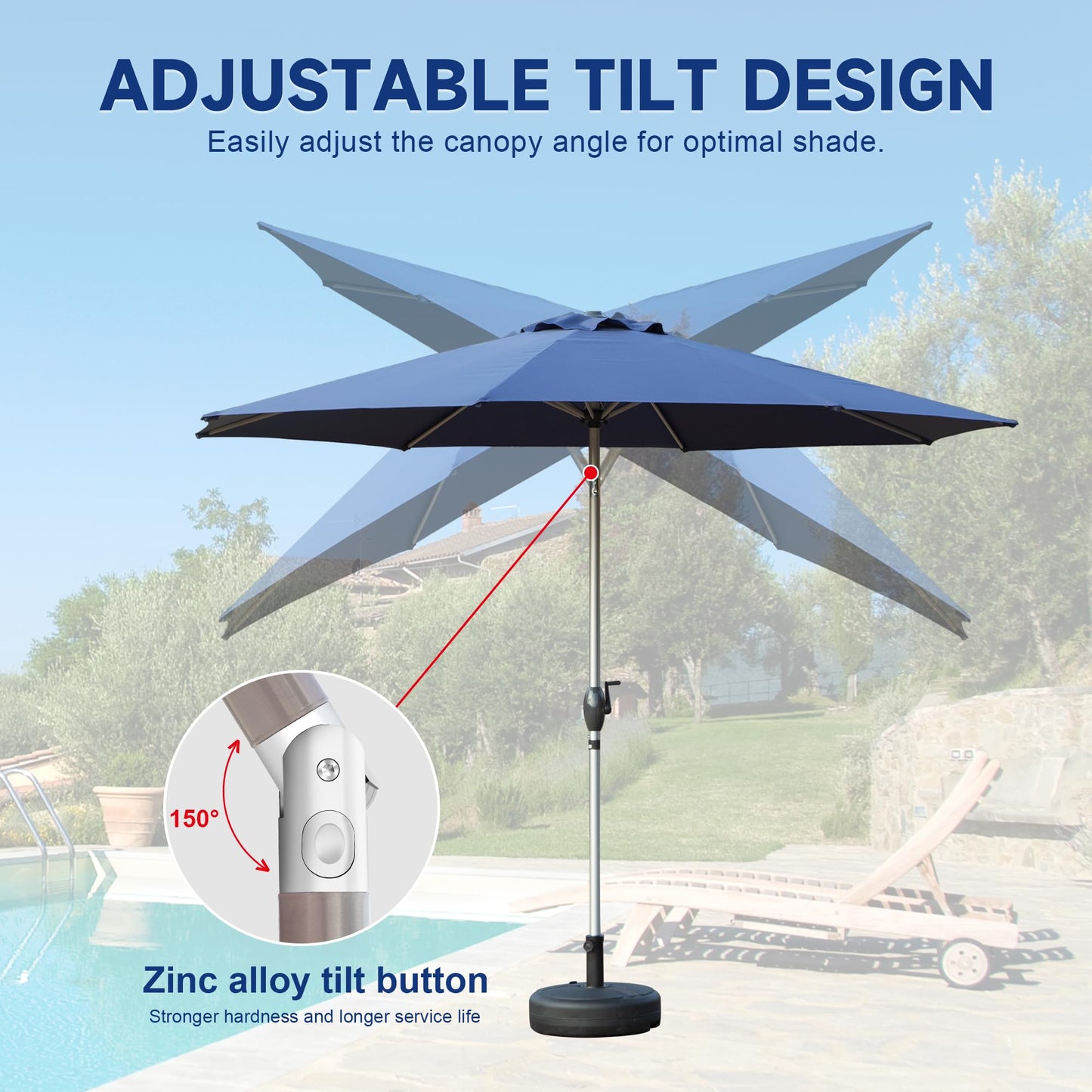 9FT Patio Umbrella, Outdoor Table Umbrella With Push Button Tilt And Crank, UV Protection Waterproof Market Sun Umbrella With 8 Sturdy Ribs For Garden, Deck, Backyard, Pool Navy Blue