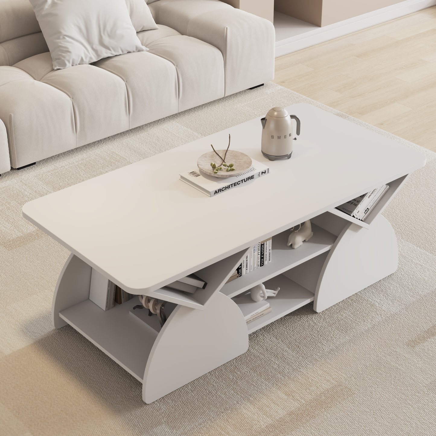 Engineered Wood Rounded Corner Rectangular Coffee Table For Living Room, Easy Assembly Storage Table With Open Shelves Sturdy Frame For Reception Room, Modern Coffee Table Geometric Design White