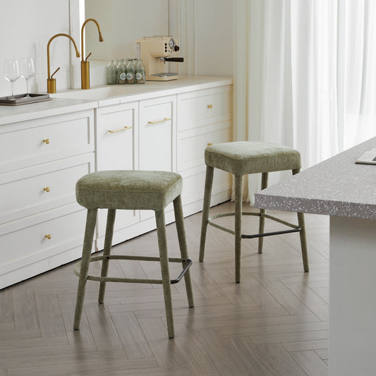 Backless Light Green Upholstered Fabric Bar Stool - Padded Seat With Sturdy Legs & Footrest Space-Saving Seating For Kitchen Island Dining Counter & Home Pub 2 Sets