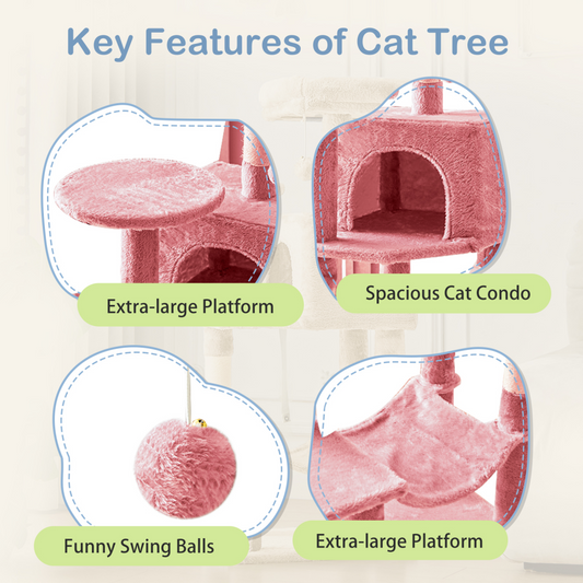 44 Inch Cat Tree Tower, Multi-Cat Climbing Tower With, Natural Sisal Scratching Posts, Extended Platform, Hammock