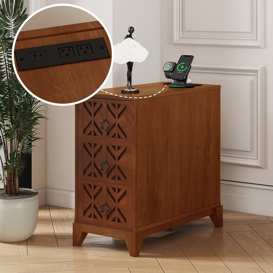 End Table With 3 Drawers, Corner Table With 2 Open Shelves, Tall Side Table For Bedroom And Corner, Walnut,Expect Arrival Date 2025 5 27
