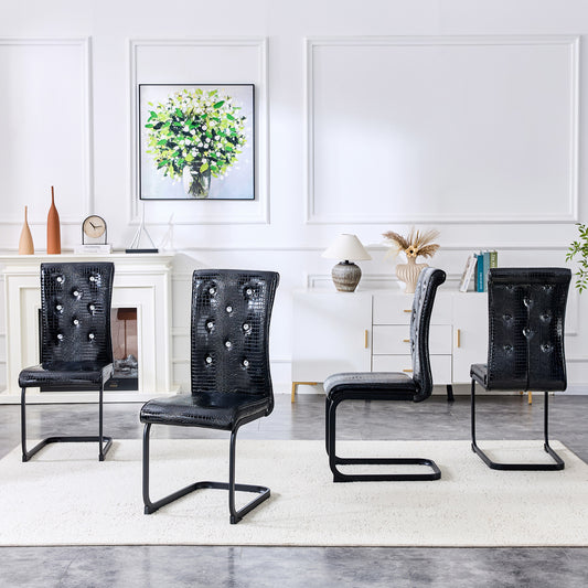Set Of 4,Retro Alligator Skin Upholstered Dining Chairs,with Crystal Buckle Design And Faux Leather Design,a Touch Of Elegance And Mystery To The Dining Area,Black Spray-painted Metal Bow Leg