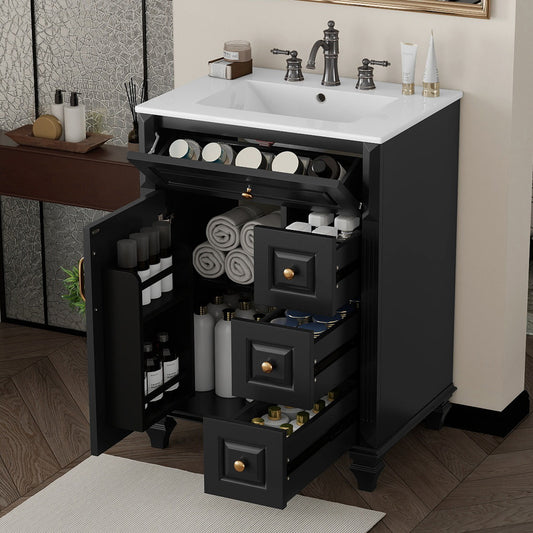 24 Inch Bathroom Vanity With Sink, Black Freestanding Vanity Cabinet With Flip-Out Drawer, 3 Drawers & Storage Cabinet, Solid Wood & MDF, Ceramic Sink Top