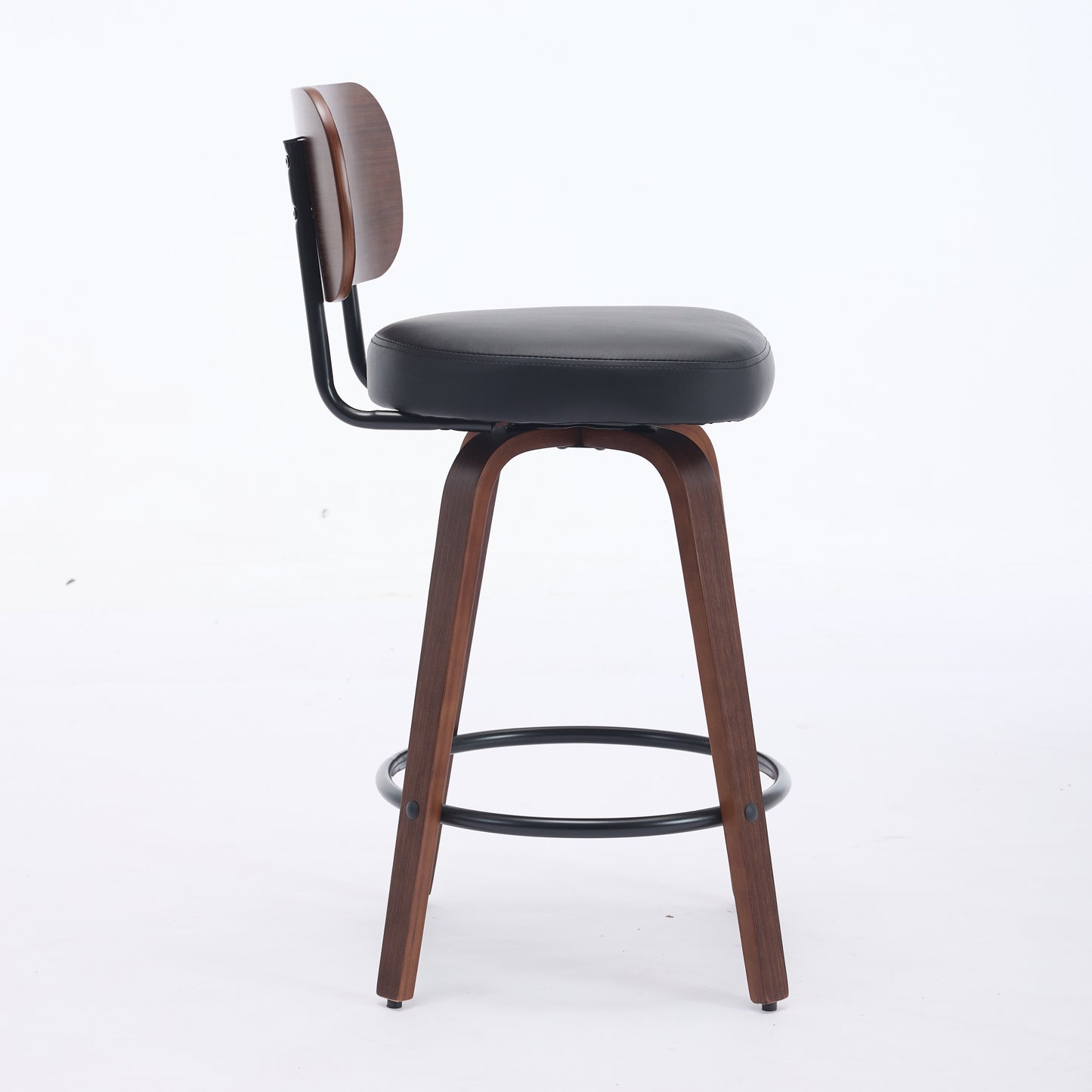 Swivel Bar Stools Set Of 2, 26 Upholstered Faux Leather Counter Height Barstools With Walnut Back & Bentwood Legs, Mid Century Modern Bar Chairs Island Stools For Kitchen Counter, Black PU, SW1864BK