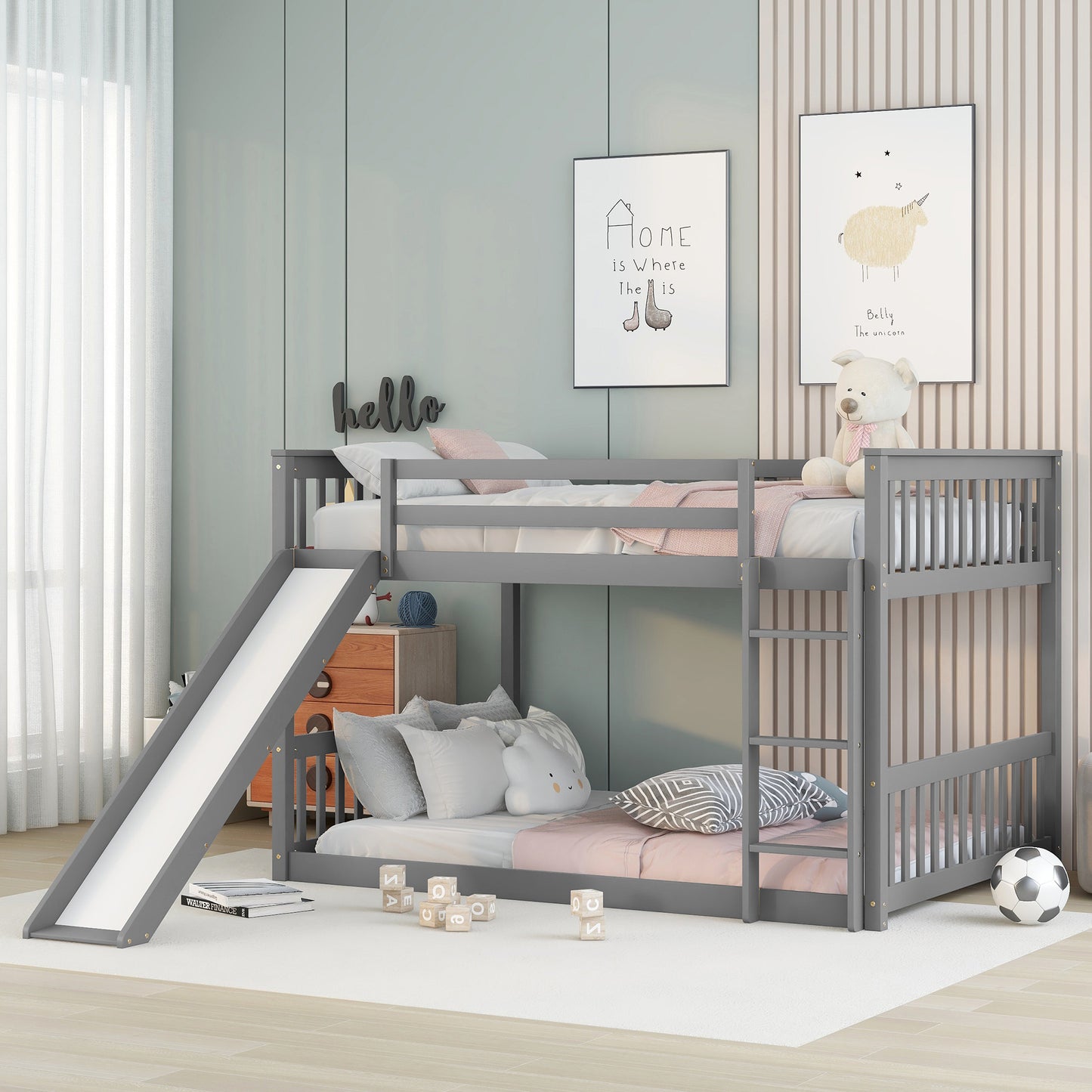 Full Over Full Bunk Bed With Slide And Ladder In Grey Color