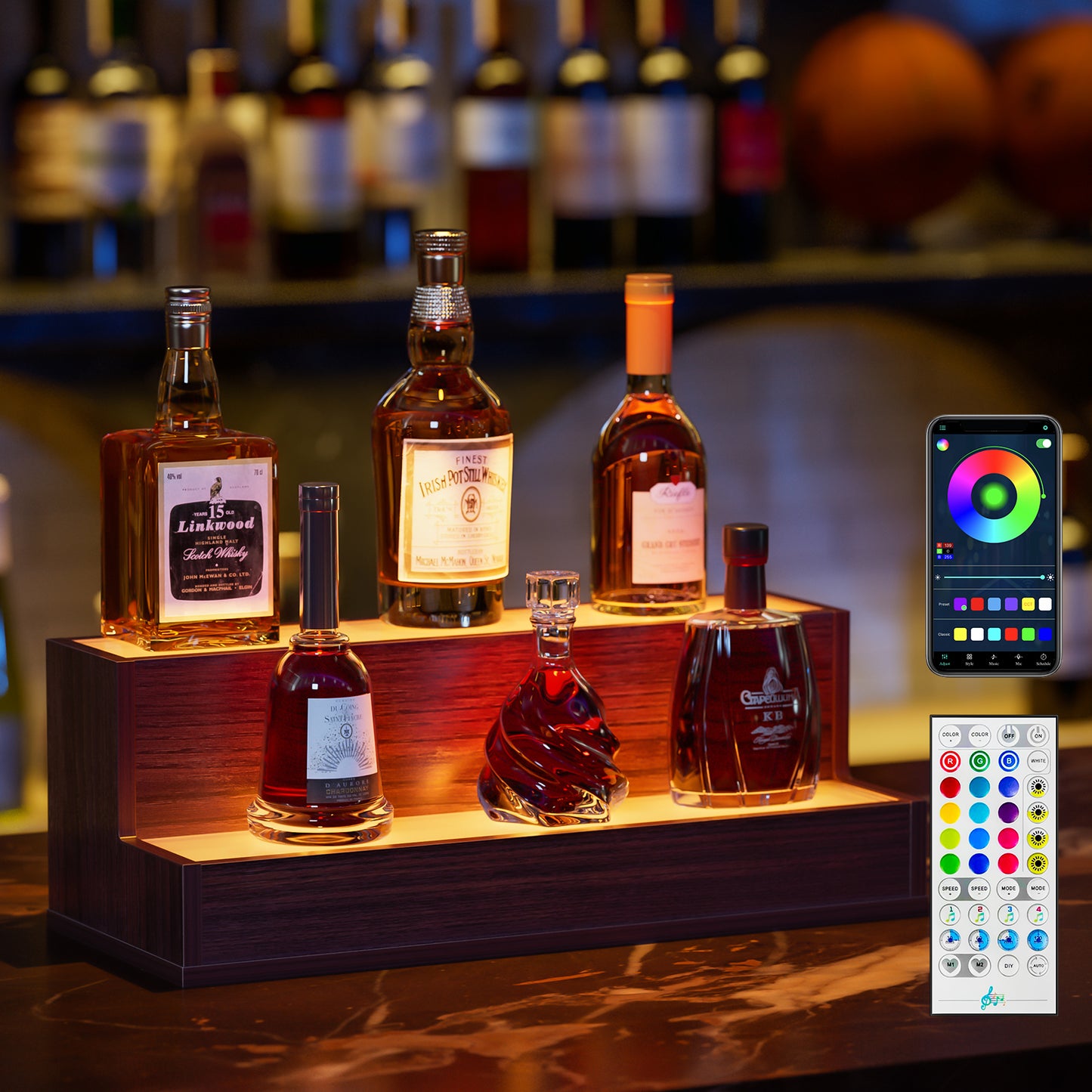 LED Lighted Liquor Bottle Display Shelf, 20 Inch Bar Display Shelf, DIY Illuminated Bottle Shelf With App & Remote Control, 2 Step Freestanding Holding Bottles For Home Bar, Party, Walnut