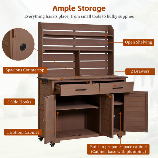 Assembly Video TOPMAx 65 H Large Garden Potting Bench With Lockable Wheels And Storage Cabinet Wood Outdoor Kitchen Island Prep Cart With Hutch Top Drawers And Removal Shelves For Grilling Brown