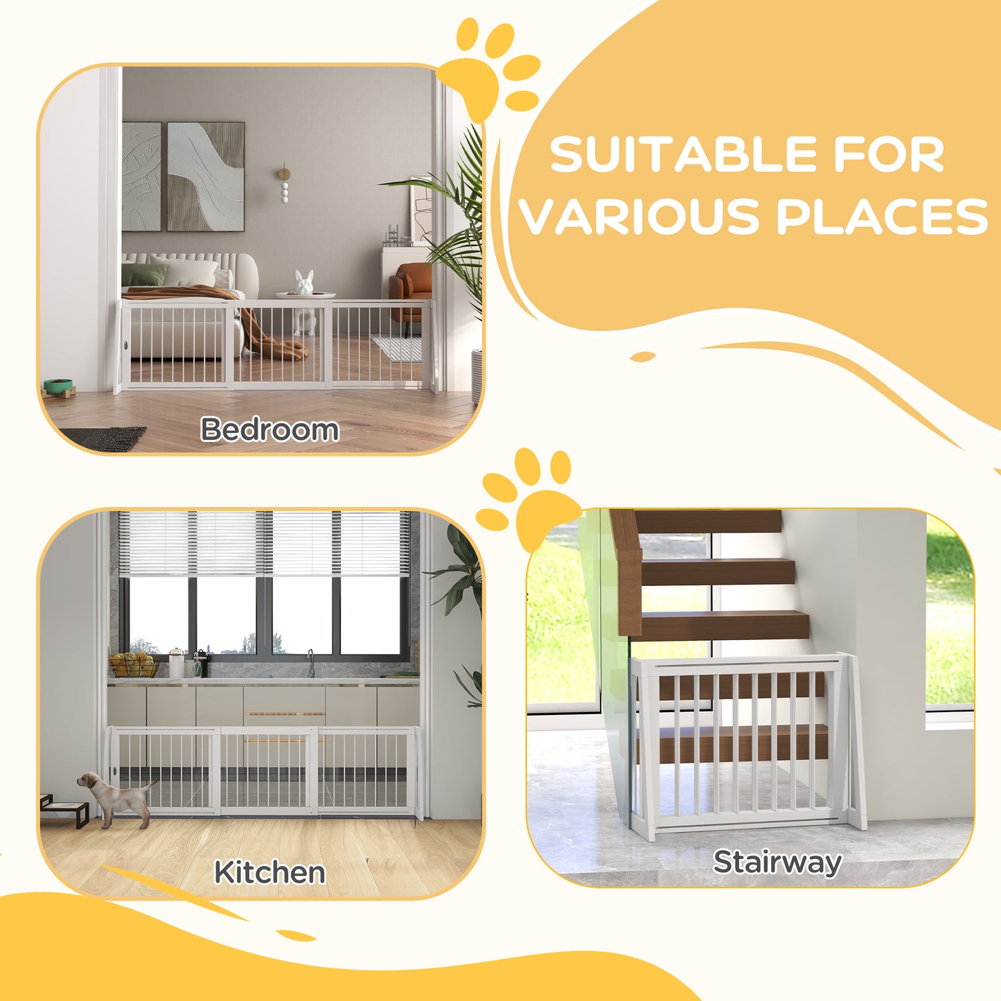 28"-75" Freestanding Wooden Pet Gate With Support Feet & Non-Slip Mats For Indoor, Stairway, Doorway, White