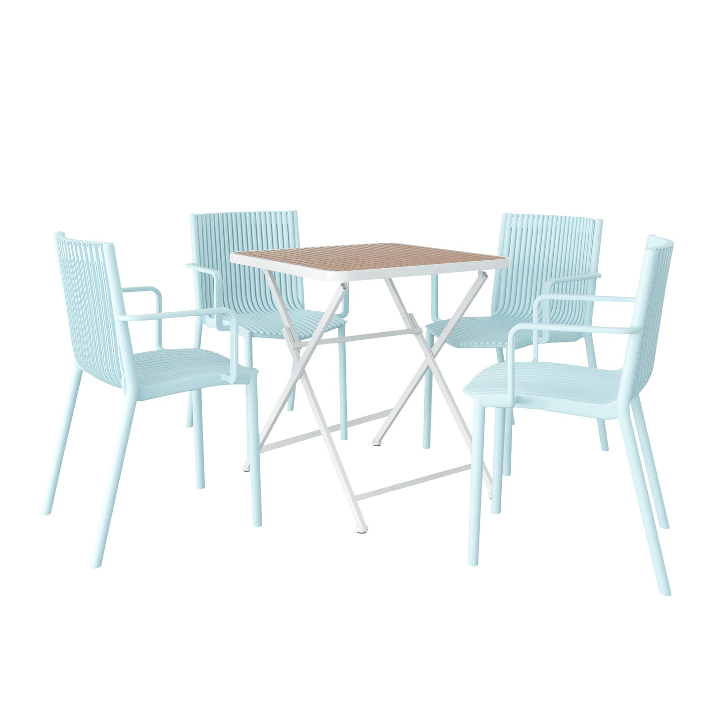 Holiday- 4pcs Light Blue Stackable PP Armchair For Indoor Outdoor Use-Ergonomic Slatted Back With Modern Folding Indoor Outdoor Multi-functional Square Table- PP Tabletop With Metal Legs White, Khaki