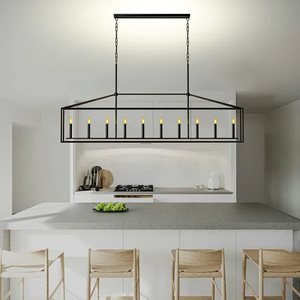 10 Lights Farmhouse Black Chandelier Rectangular Linear Pendant Lighting For Dining Room Kitchen Island
