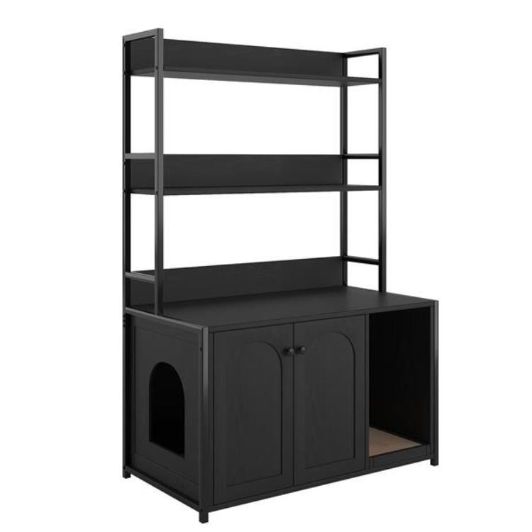 Large Cat Litter Box Enclosure With Shelf Storage, Hidden Cat Washroom Furniture, Wooden Cat House With Scratch Pad, Sturdy Indoor Cat Cabinet With 2 Doors Black