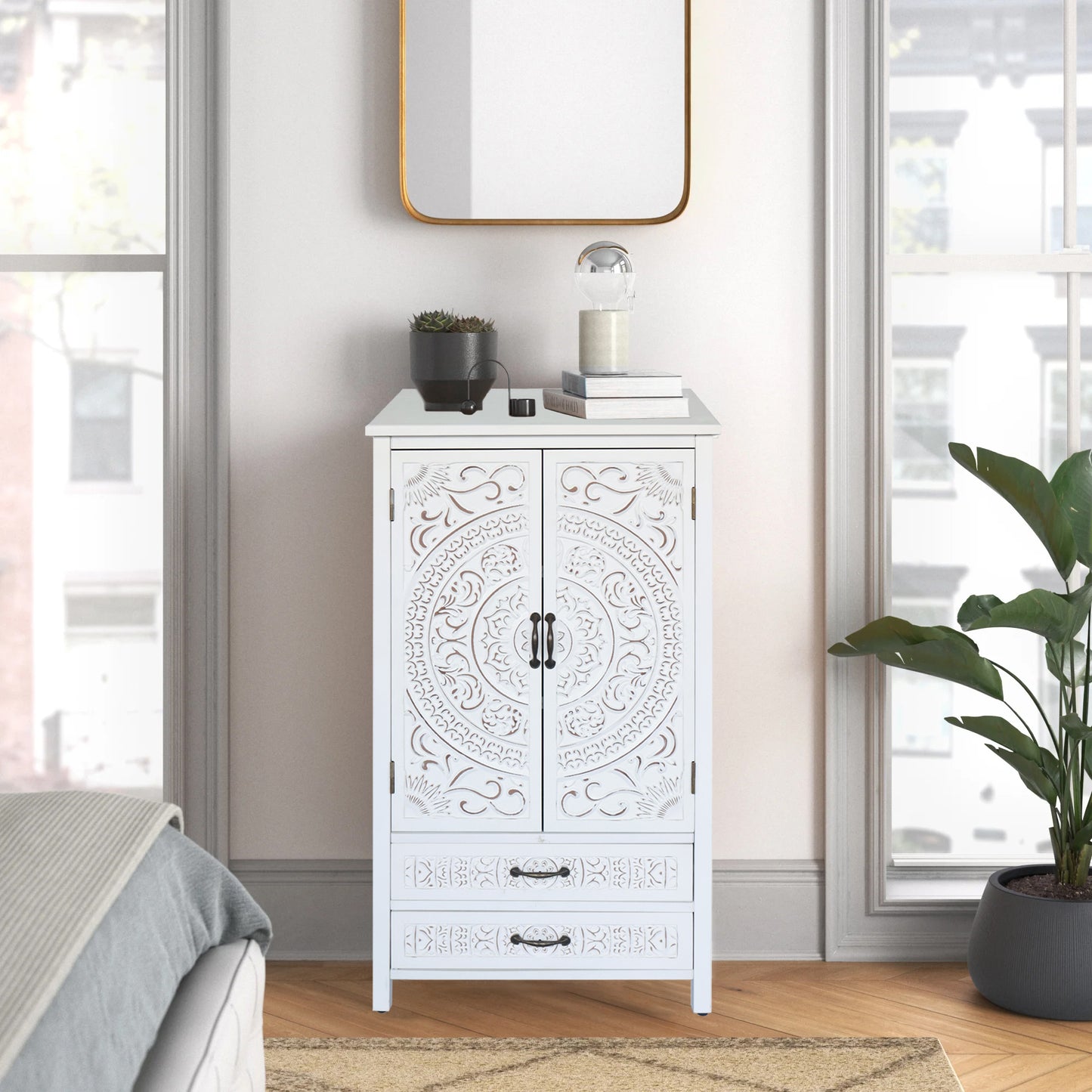 27 Accent Tall Tower White Storage Cabinet - Rustic Wood Sideboard Pantry Cabinet - Versatile Buffet Cabinet With Storage For Home Decor And Organization Chic Cabinet With Two Doors And Two Drawers