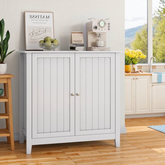 White Double Door Storage Cabinet, Mid-Century Modern Freestanding Buffet Cabinet, Bathroom Storage Cabinet With Silver Knobs For Living Room, Kitchen, Bathroom, Hallway