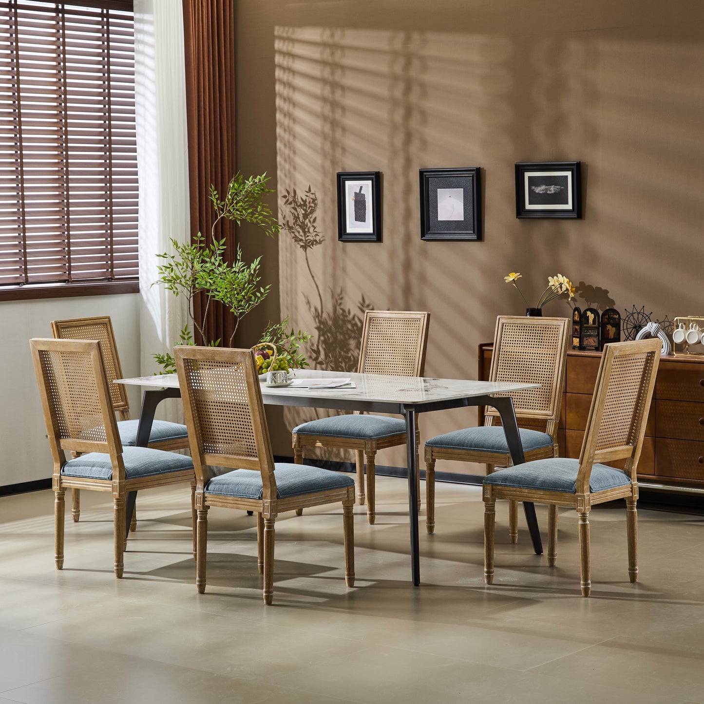 Set Of 6 French Country Dining Chairs - Elegant Cane Backrest & Upholstered Seats With Fluted Legs - Rustic Weathered Finish - Solid Rubberwood Frame - Vintage Inspired Kitchen & Dining Room Chairs