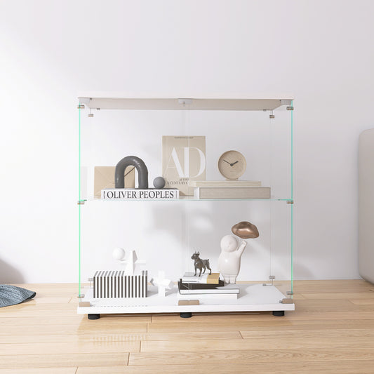 Two-door Glass Display Cabinet 2 Shelves With Door, Floor Standing Curio Bookshelf For Living Room Bedroom Office, 33.35x31.69 X14.37 ,White