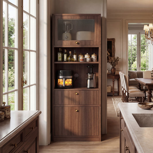 Tall Pantry Cabinet 71 Inch Freestanding Storage Cabinet With Doors And Shelves, Adjustable Shelves, Drawer & Anti-Tip Kit, E1-Grade Wood, Walnut For Kitchen Pantry, Bathroom Storage Cabinet